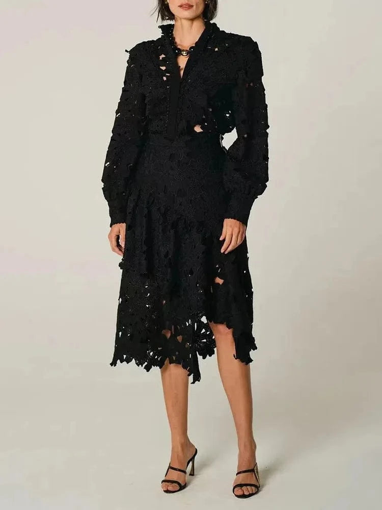 CHICEVER Hollow Out Stand Collar Long Sleeve Tops High Waist Irregular Hem Skirt And Top Set For Women