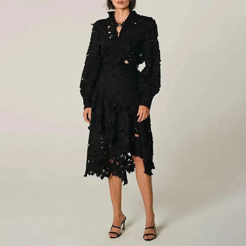 CHICEVER Hollow Out Stand Collar Long Sleeve Tops High Waist Irregular Hem Skirt And Top Set For Women