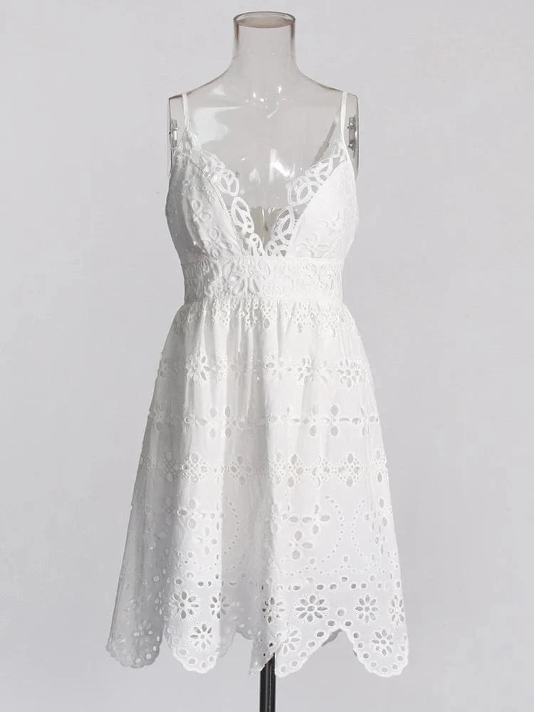 CHICEVER Hollow Out V Neck Sleeveless Backless High Waist Sexy Summer Dress For Women