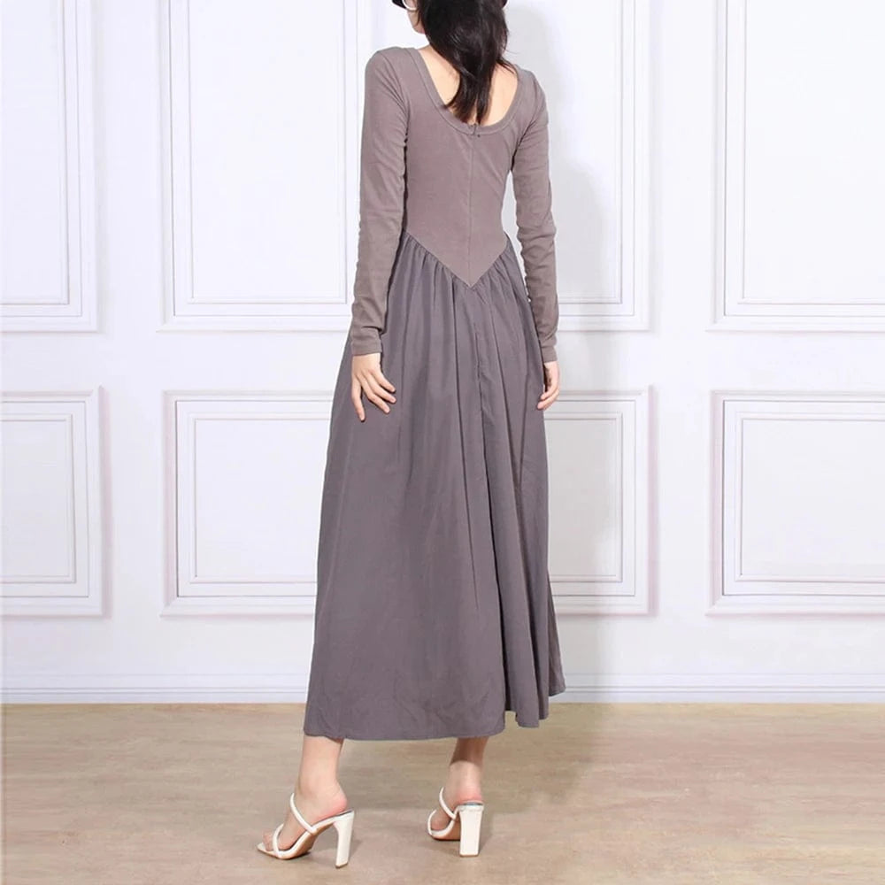 CHICEVER Ladies Round Neck Long Sleeve High Waist Long Sleeves Dresses Woman Long Dress