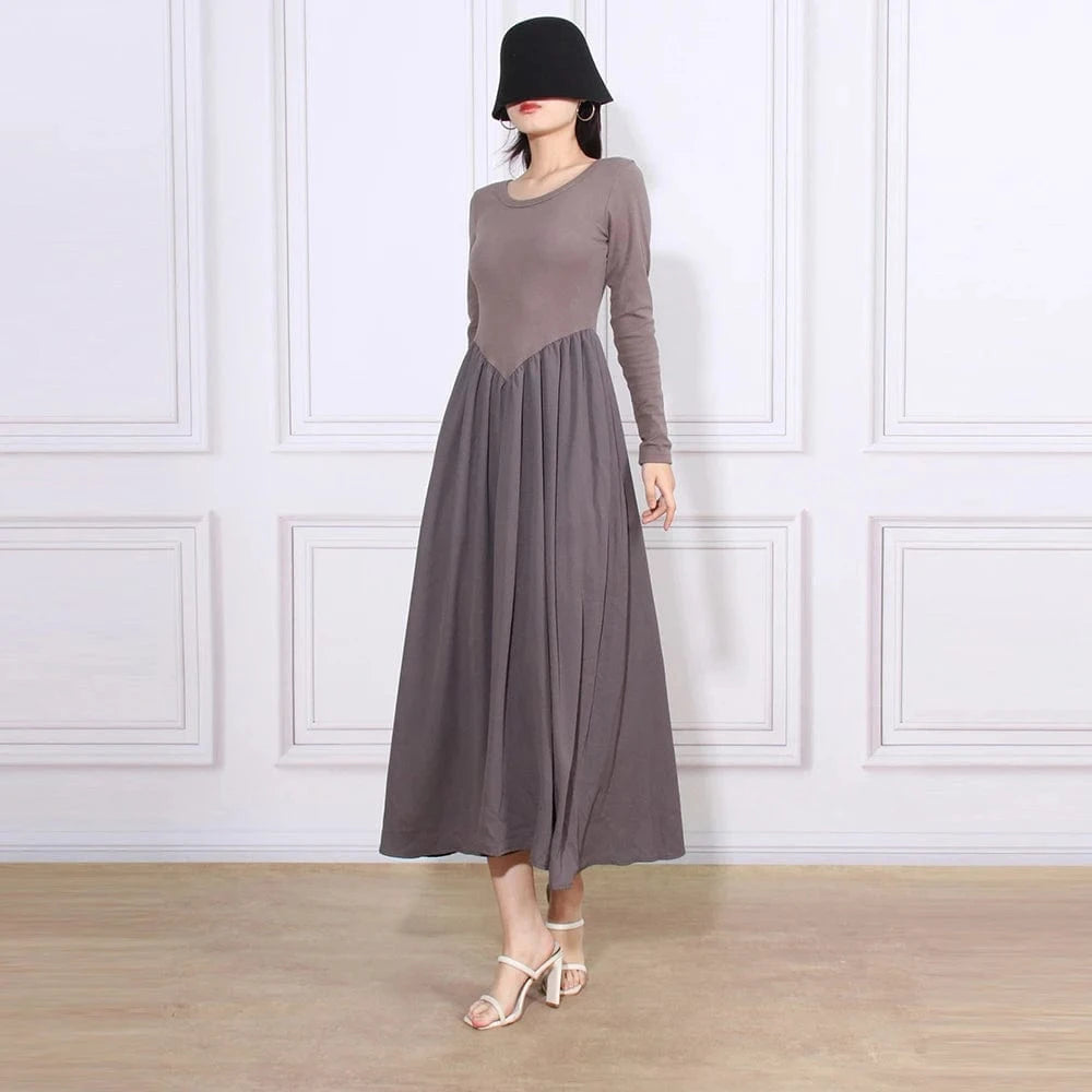CHICEVER Ladies Round Neck Long Sleeve High Waist Long Sleeves Dresses Woman Long Dress