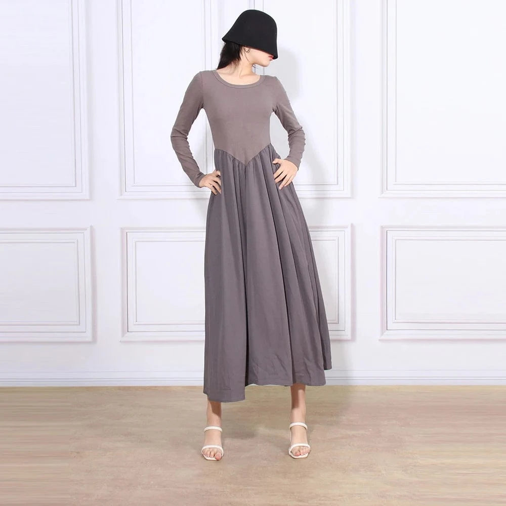 CHICEVER Ladies Round Neck Long Sleeve High Waist Long Sleeves Dresses Woman Long Dress