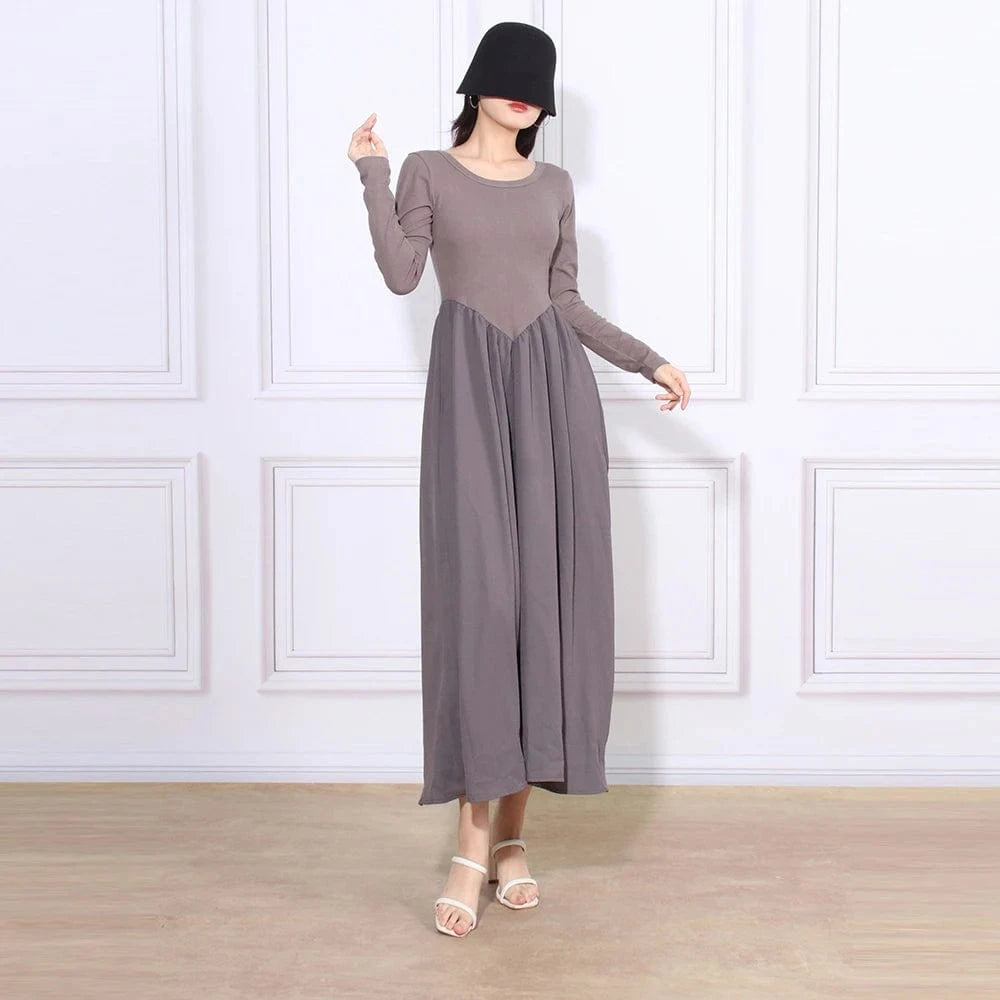 CHICEVER Ladies Round Neck Long Sleeve High Waist Long Sleeves Dresses Woman Long Dress