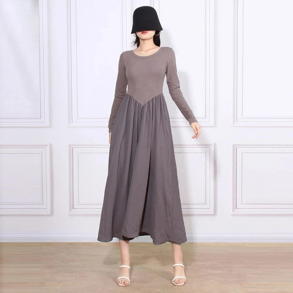 CHICEVER Ladies Round Neck Long Sleeve High Waist Long Sleeves Dresses Woman Long Dress