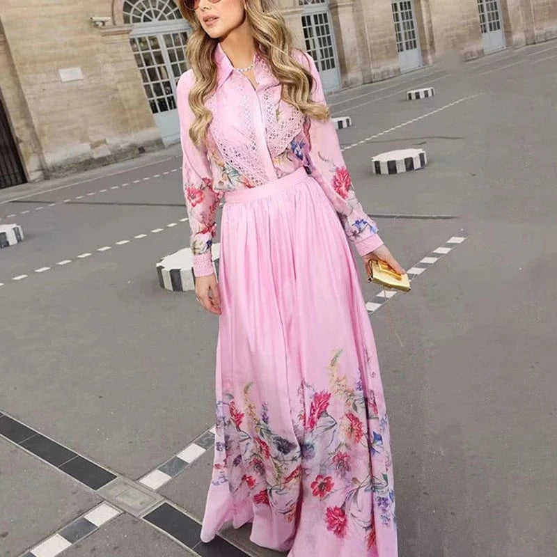 CHICEVER Lapel Long Sleeve Shirt High Waist A Line Women Casual Suits Cotton Two Pieces Set