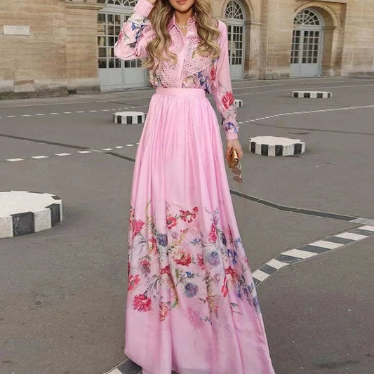 CHICEVER Lapel Long Sleeve Shirt High Waist A Line Women Casual Suits Cotton Two Pieces Set