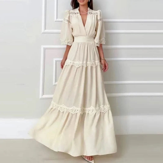 CHICEVER Long Dresses Women Lady Elegant Lace Panel High V-Neck Dresses Maxi Dresses Women