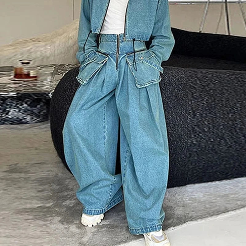 CHICEVER Loose Spliced Pockets High Waist Patchwork Zipper Denim Jeans Pants For Women