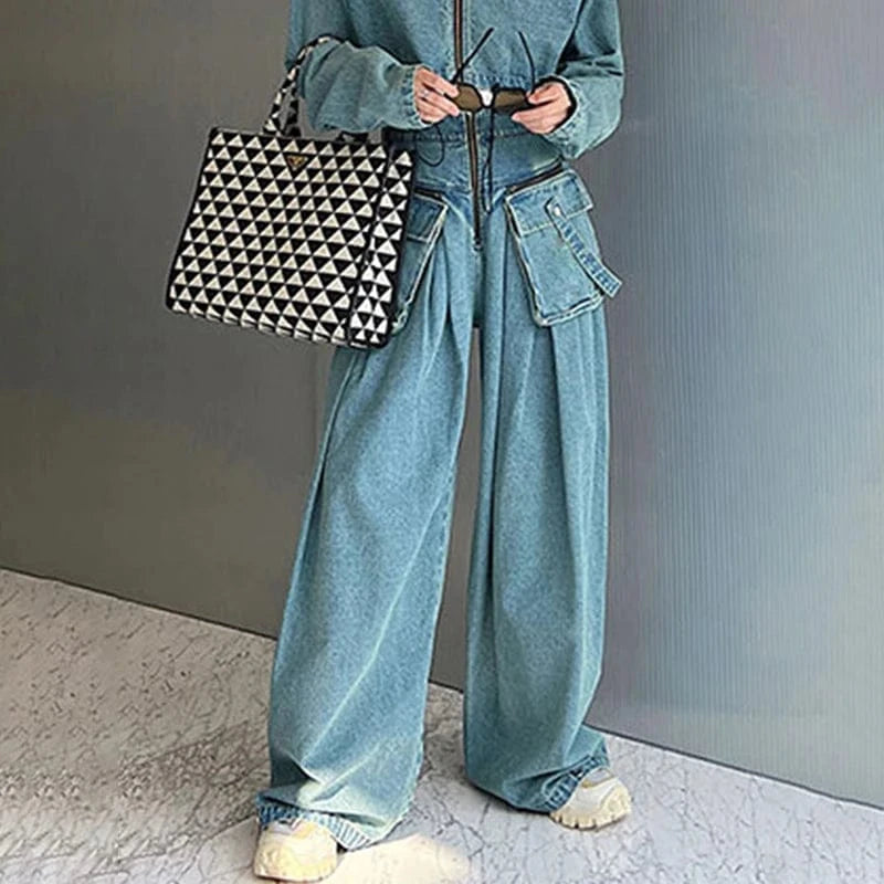 CHICEVER Loose Spliced Pockets High Waist Patchwork Zipper Denim Jeans Pants For Women