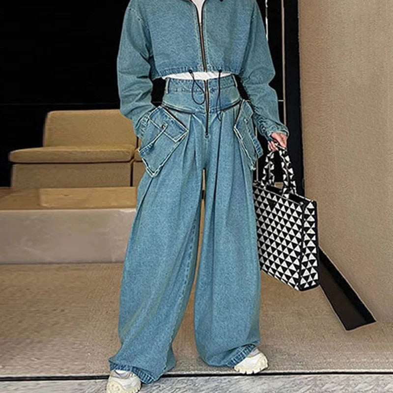 CHICEVER Loose Spliced Pockets High Waist Patchwork Zipper Denim Jeans Pants For Women