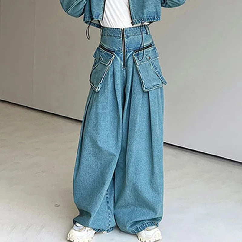 CHICEVER Loose Spliced Pockets High Waist Patchwork Zipper Denim Jeans Pants For Women