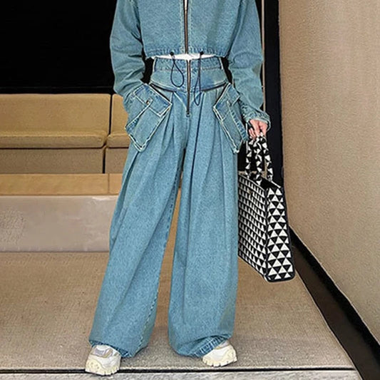 CHICEVER Loose Spliced Pockets High Waist Patchwork Zipper Denim Jeans Pants For Women