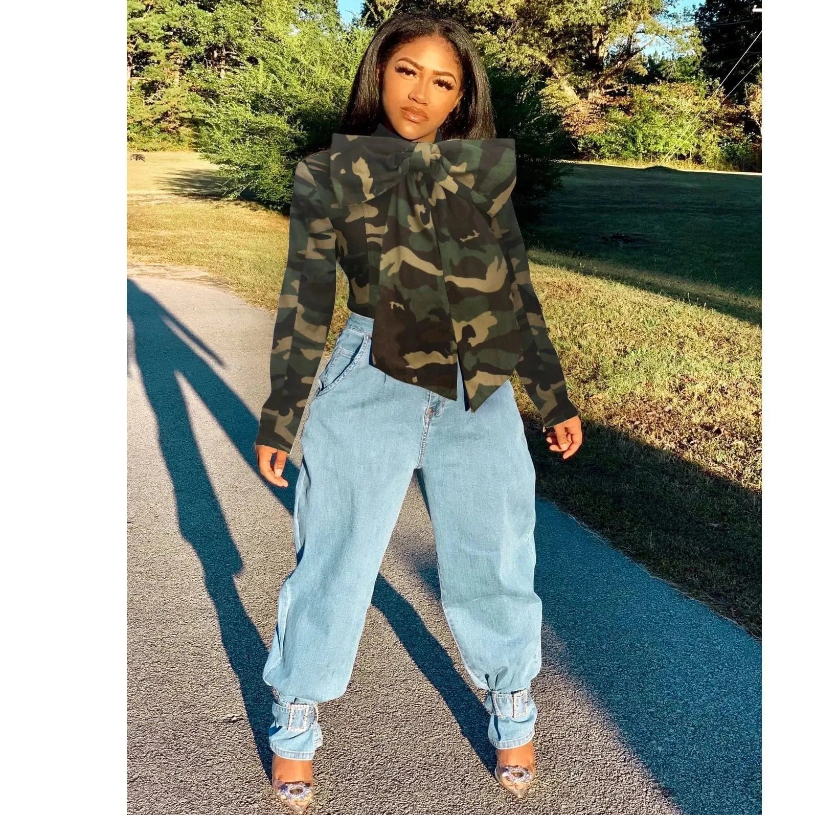 CHICEVER New Style Casual Camouflage Bow Design Long Sleeve Lady Elegant Women Blouses 2023