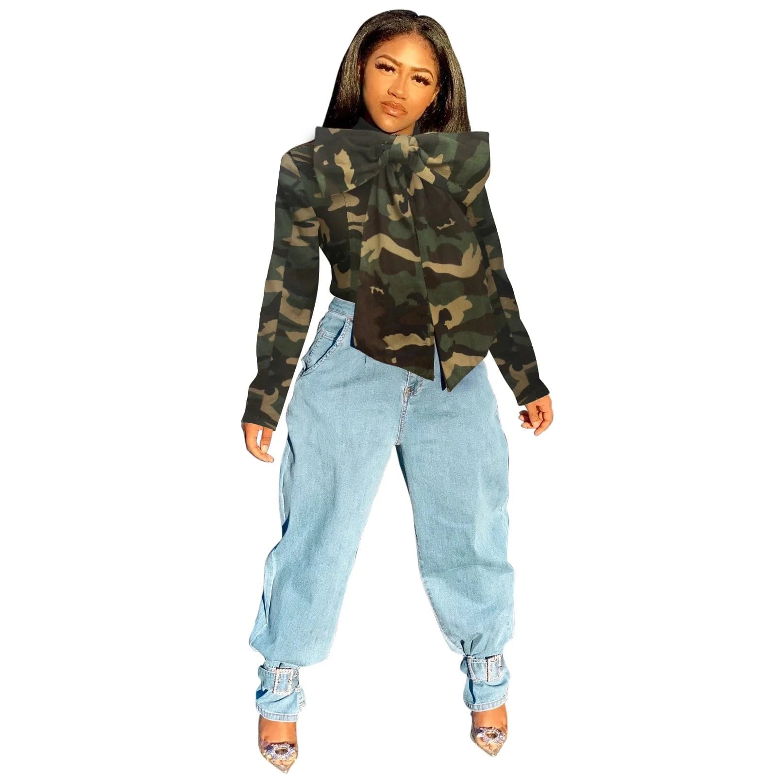 CHICEVER New Style Casual Camouflage Bow Design Long Sleeve Lady Elegant Women Blouses 2023