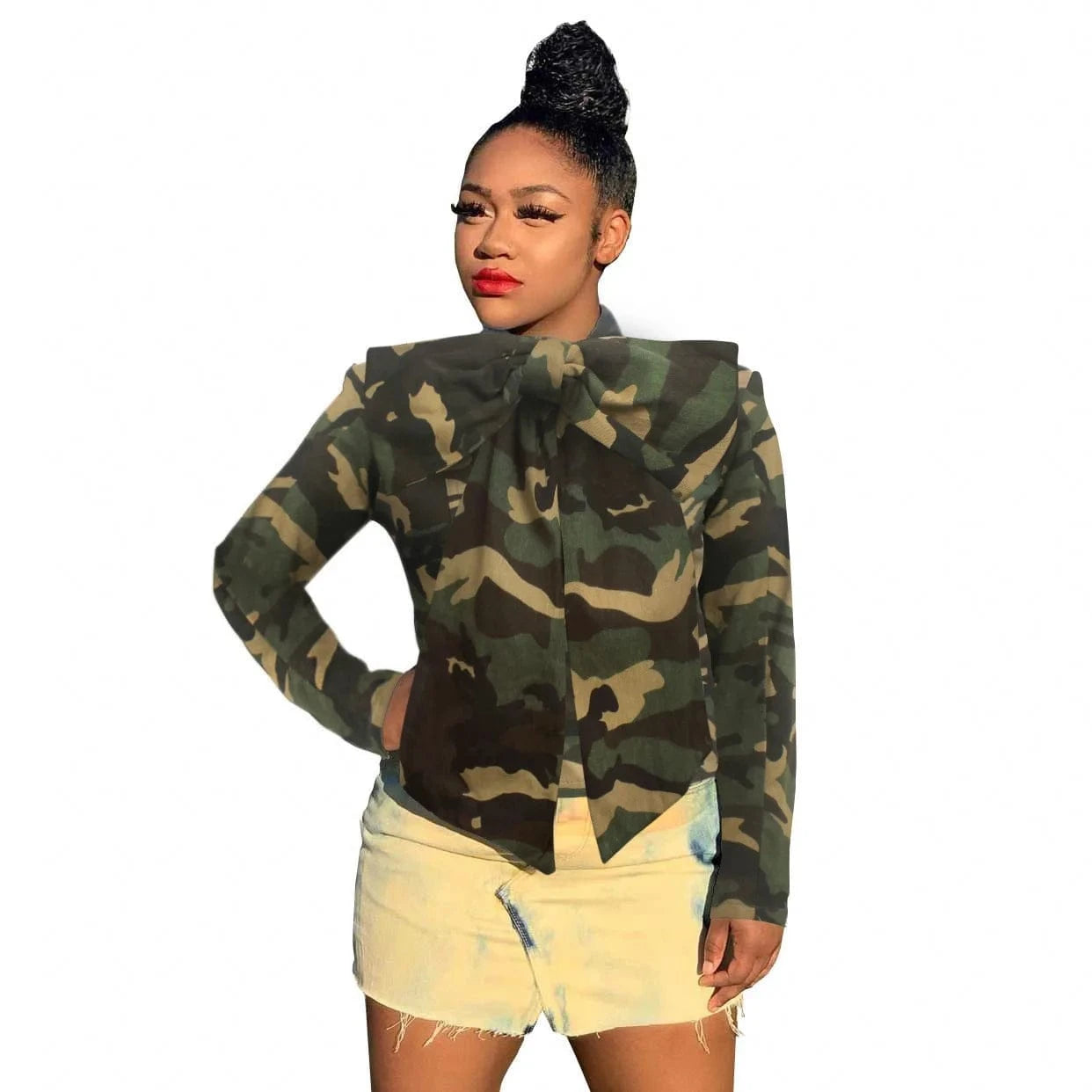 CHICEVER New Style Casual Camouflage Bow Design Long Sleeve Lady Elegant Women Blouses 2023