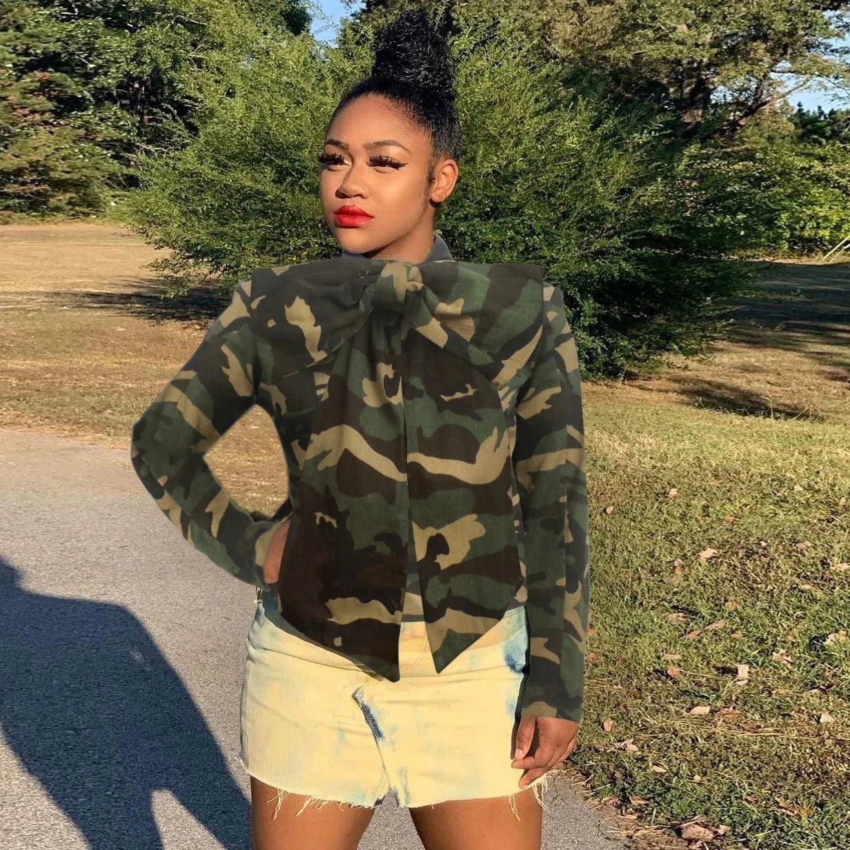 CHICEVER New Style Casual Camouflage Bow Design Long Sleeve Lady Elegant Women Blouses 2023