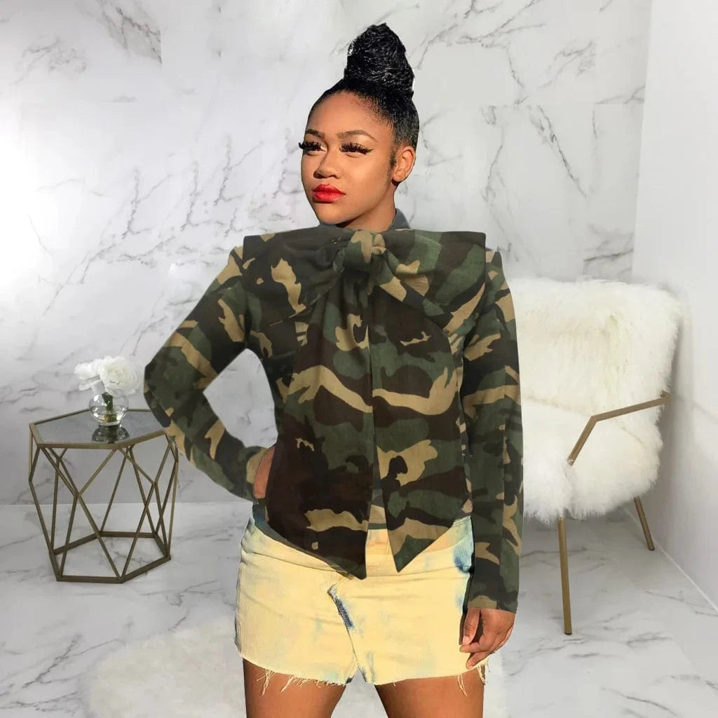 CHICEVER New Style Casual Camouflage Bow Design Long Sleeve Lady Elegant Women Blouses 2023