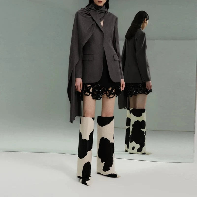 CHICEVER Notched Collar Long Sleeve Patchwork Pockets Asymmetrical Blazers Warm Winter Jacket Woman 2023