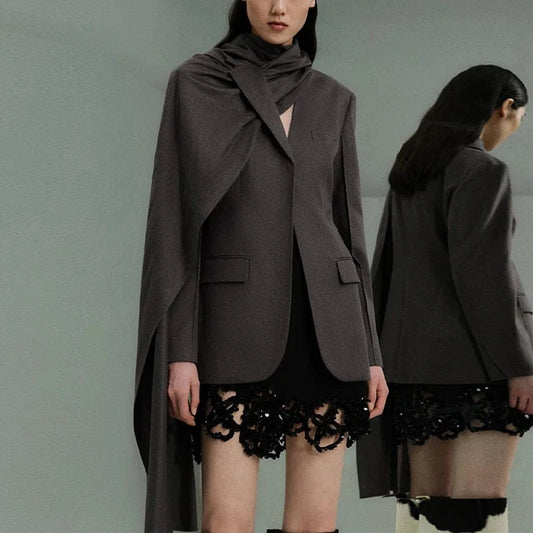 CHICEVER Notched Collar Long Sleeve Patchwork Pockets Asymmetrical Blazers Warm Winter Jacket Woman 2023