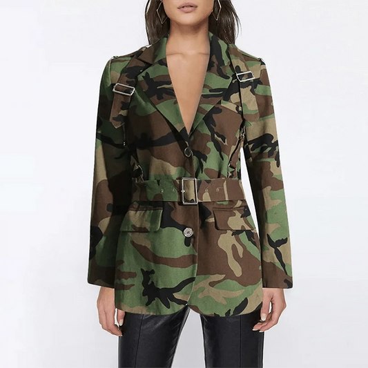 CHICEVER Notched Collar Long Sleeve Spliced Pocket Camouflage Patchwork Belt Jackets Coat Winter Jacket Woman 2023