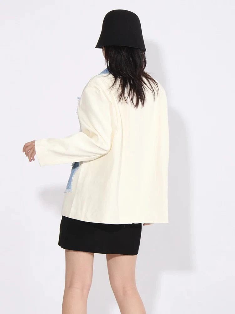 CHICEVER Notched Collar Long Sleeve Spliced Pocket Winter Denim Jackets For Women