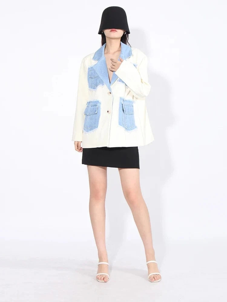 CHICEVER Notched Collar Long Sleeve Spliced Pocket Winter Denim Jackets For Women