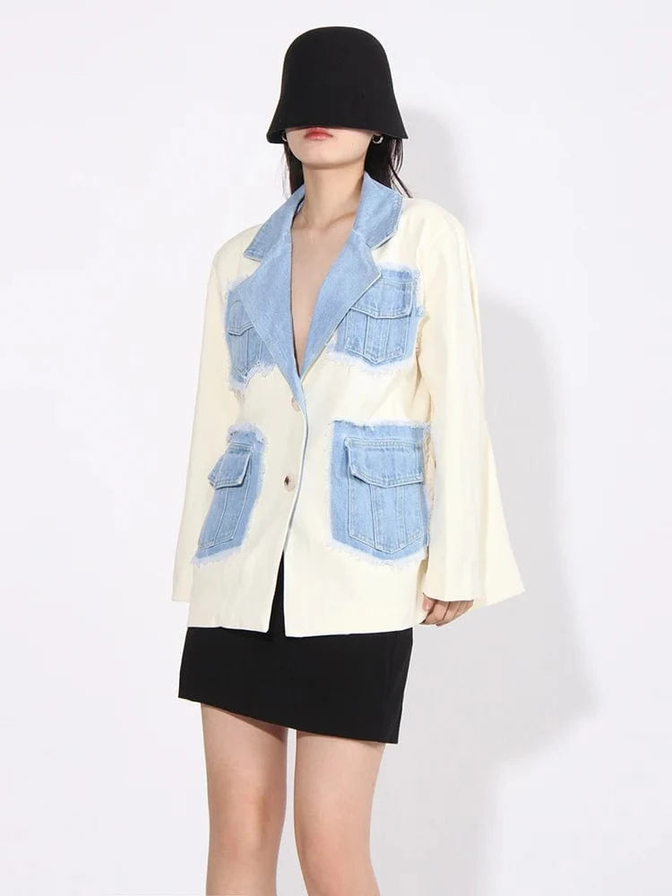 CHICEVER Notched Collar Long Sleeve Spliced Pocket Winter Denim Jackets For Women