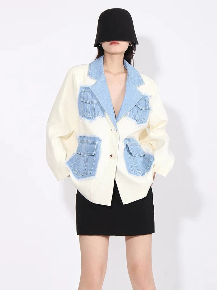 CHICEVER Notched Collar Long Sleeve Spliced Pocket Winter Denim Jackets For Women