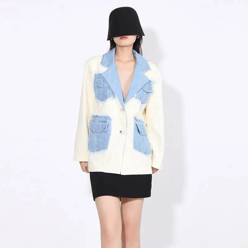 CHICEVER Notched Collar Long Sleeve Spliced Pocket Winter Denim Jackets For Women