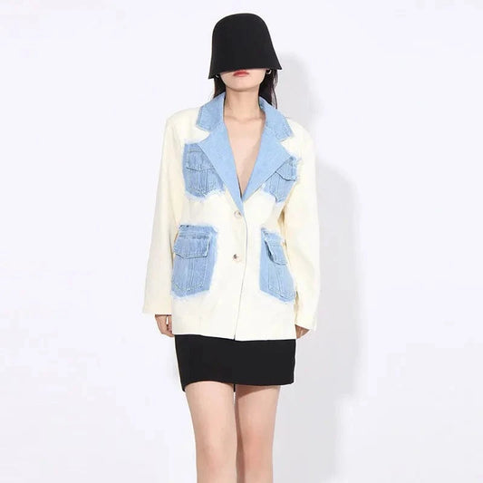 CHICEVER Notched Collar Long Sleeve Spliced Pocket Winter Denim Jackets For Women