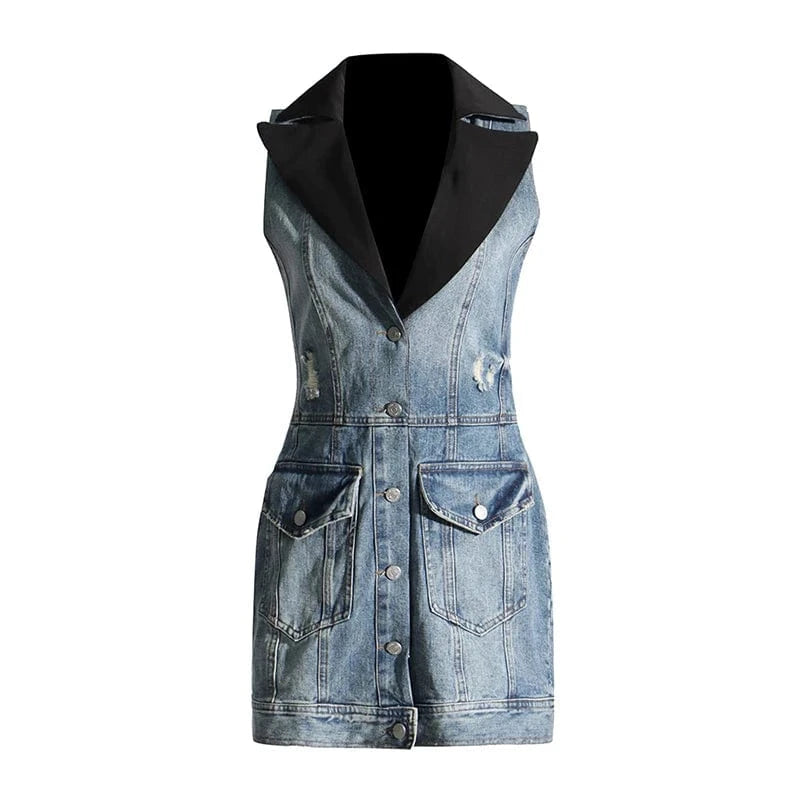 CHICEVER Notched Collar Sleeveless High Waist Denim 2 Piece Women Fall Winter Sets 2023