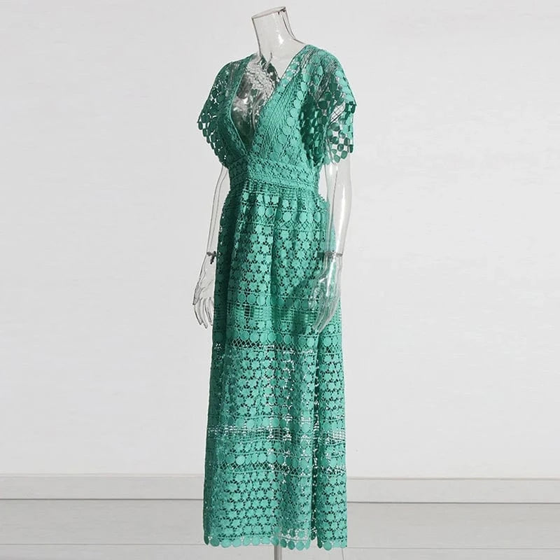 CHICEVER Open Front Backless Sexy Dress Women Lace Panel Hollow Out High V Neck Long Dress