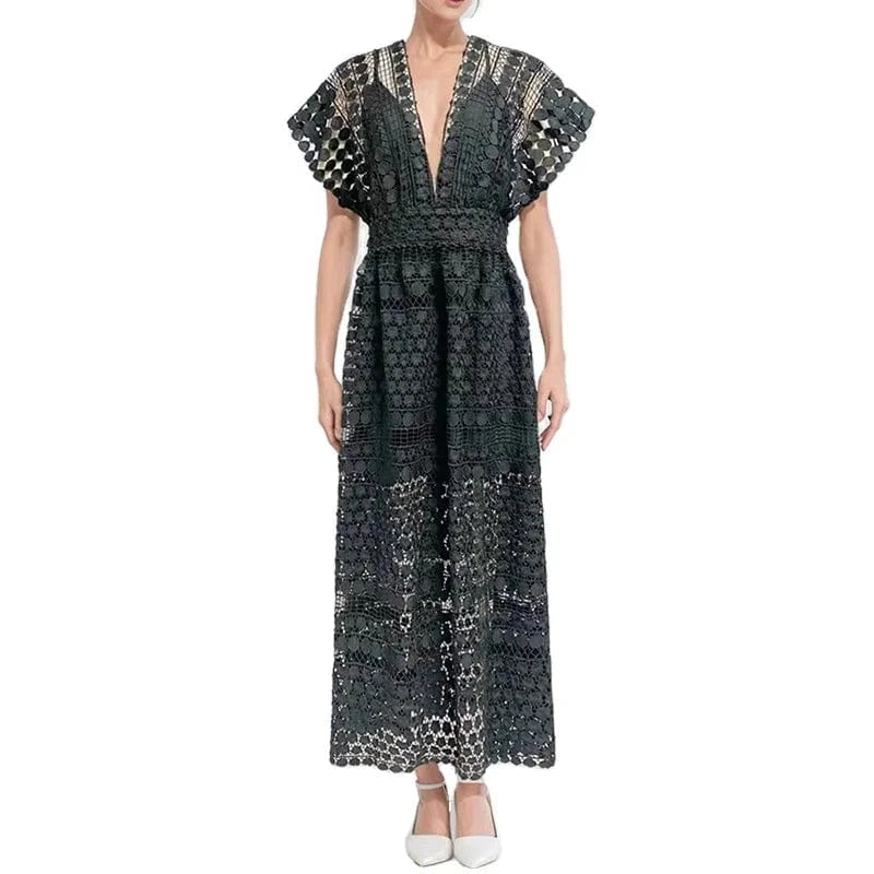 CHICEVER Open Front Backless Sexy Dress Women Lace Panel Hollow Out High V Neck Long Dress
