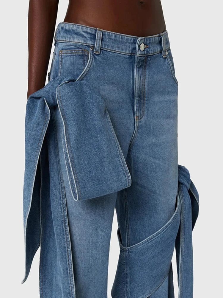CHICEVER Patchwork Bow High Waist Spliced Pockets Hit Color Loose Denim Jeans For Women