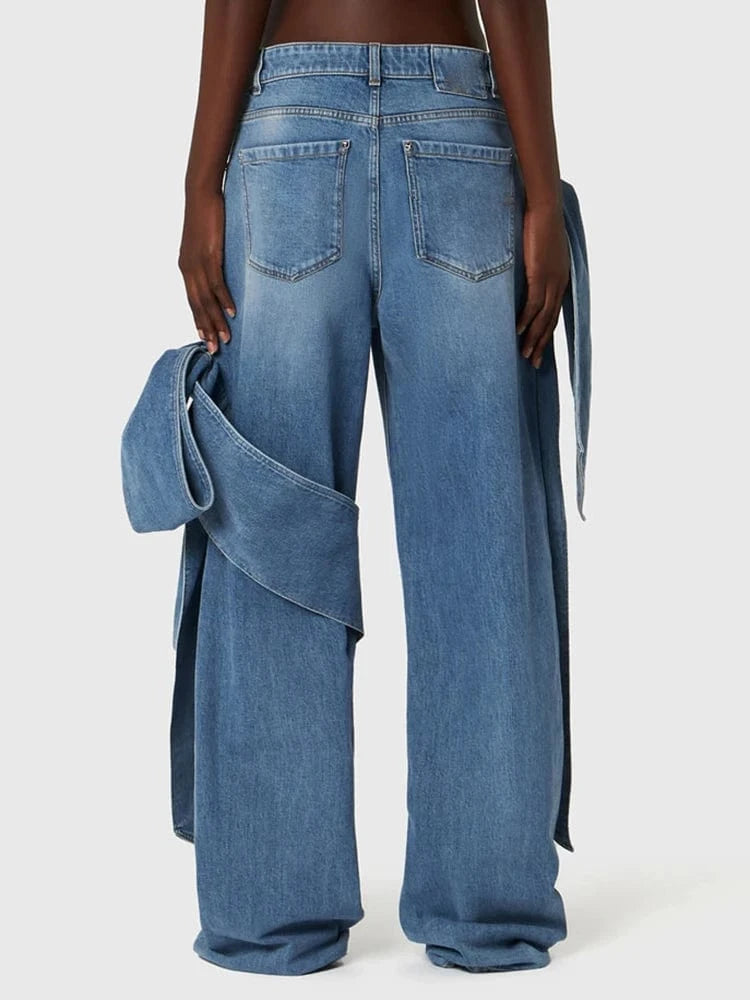 CHICEVER Patchwork Bow High Waist Spliced Pockets Hit Color Loose Denim Jeans For Women
