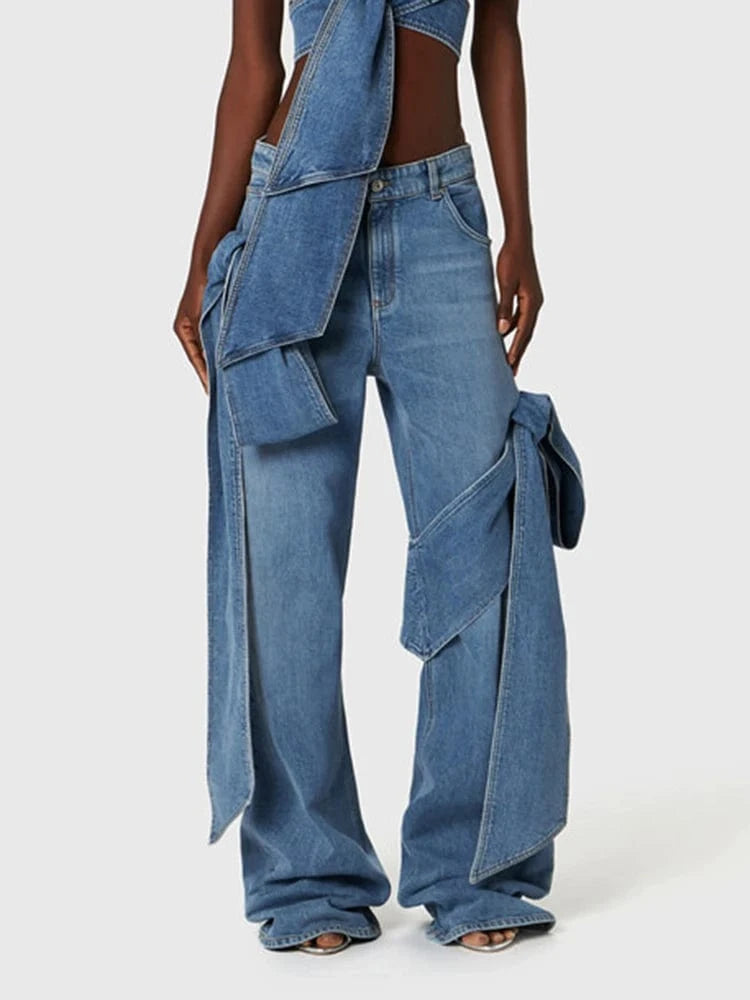 CHICEVER Patchwork Bow High Waist Spliced Pockets Hit Color Loose Denim Jeans For Women