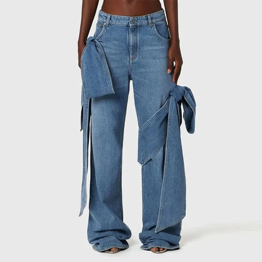 CHICEVER Patchwork Bow High Waist Spliced Pockets Hit Color Loose Denim Jeans For Women