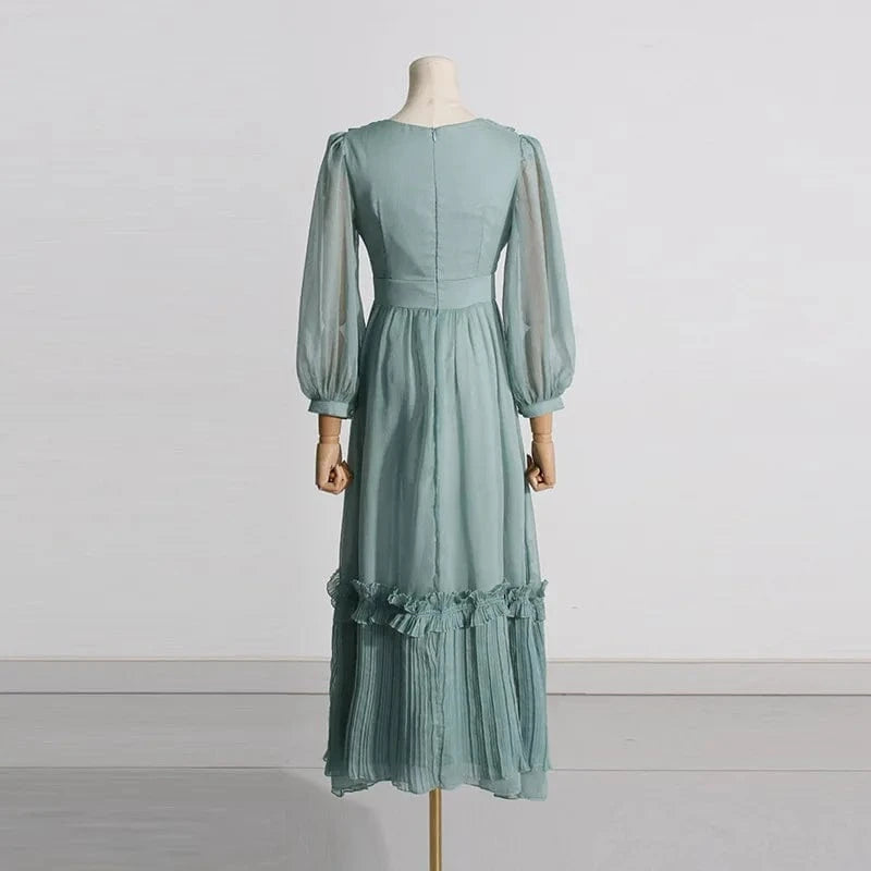 CHICEVER Patchwork Ruffles Deep V Neck Lantern Sleeve High Waist Women Dresses Long Sleeve Women Long Dress