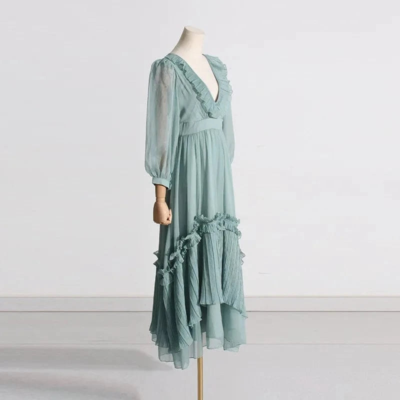 CHICEVER Patchwork Ruffles Deep V Neck Lantern Sleeve High Waist Women Dresses Long Sleeve Women Long Dress