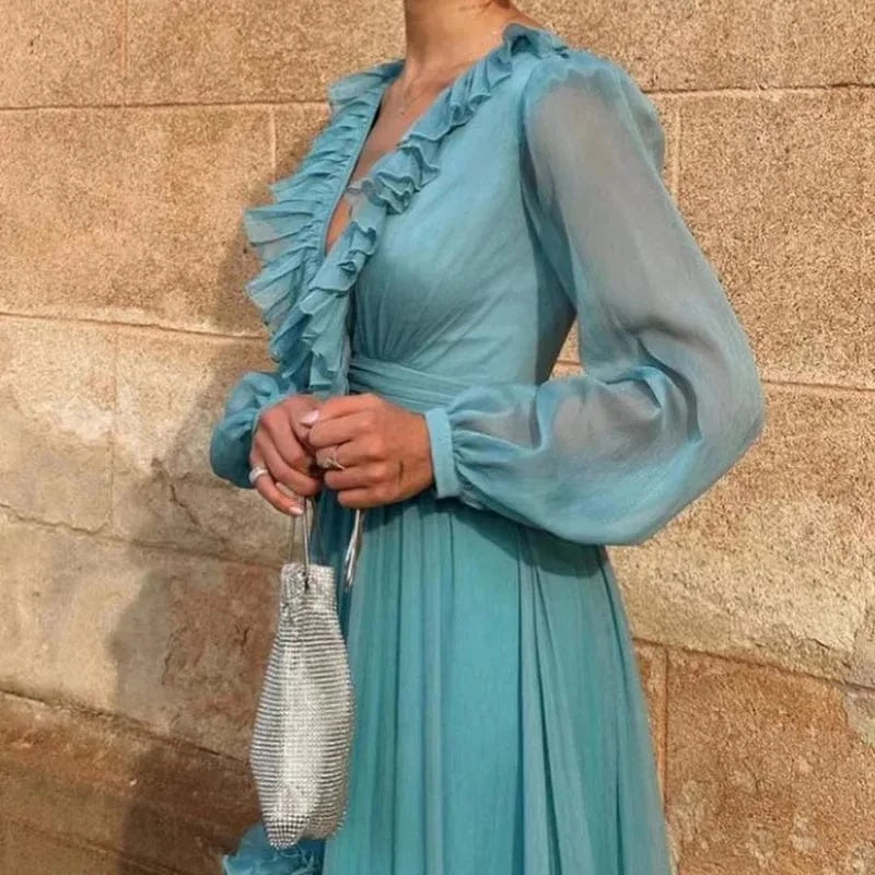 CHICEVER Patchwork Ruffles Deep V Neck Lantern Sleeve High Waist Women Dresses Long Sleeve Women Long Dress