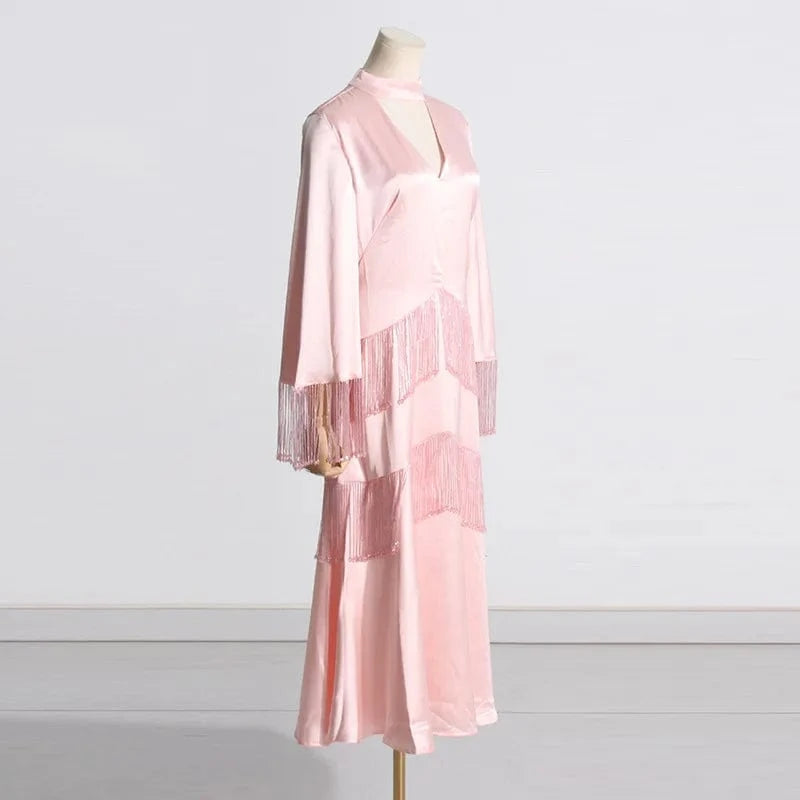 CHICEVER Patchwork Tassel Hollow Out Stand Collar Long Sleeve High Waist Long Sleeve Dresses Long Dress For Women