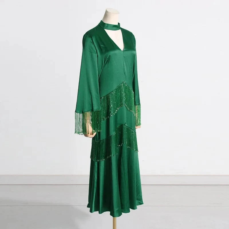 CHICEVER Patchwork Tassel Hollow Out Stand Collar Long Sleeve High Waist Long Sleeve Dresses Long Dress For Women