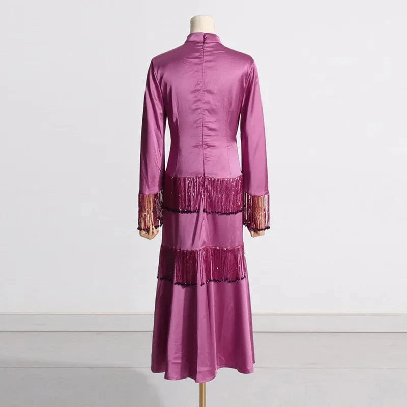 CHICEVER Patchwork Tassel Hollow Out Stand Collar Long Sleeve High Waist Long Sleeve Dresses Long Dress For Women