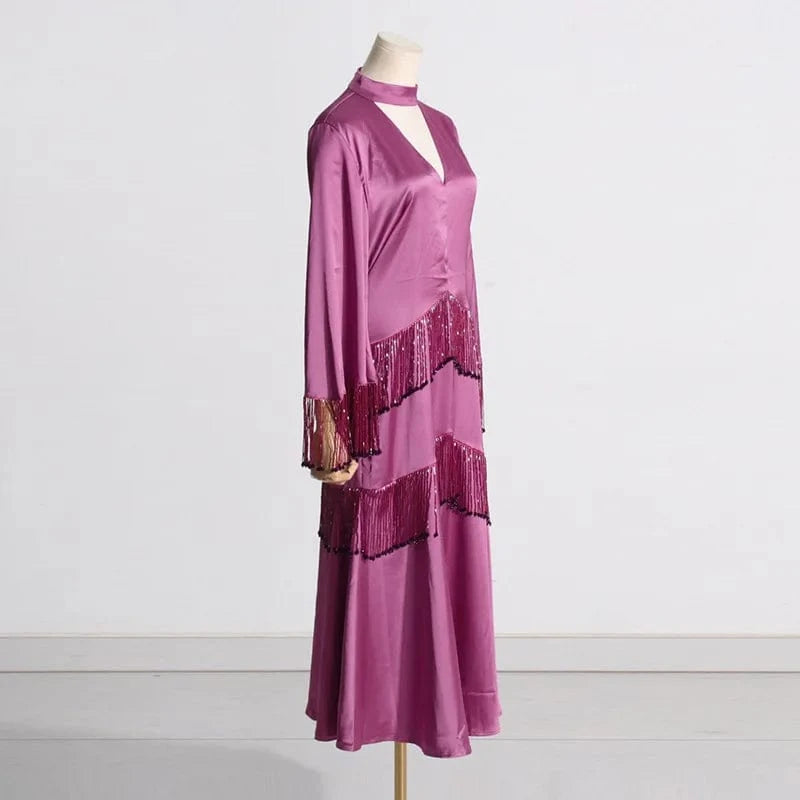 CHICEVER Patchwork Tassel Hollow Out Stand Collar Long Sleeve High Waist Long Sleeve Dresses Long Dress For Women