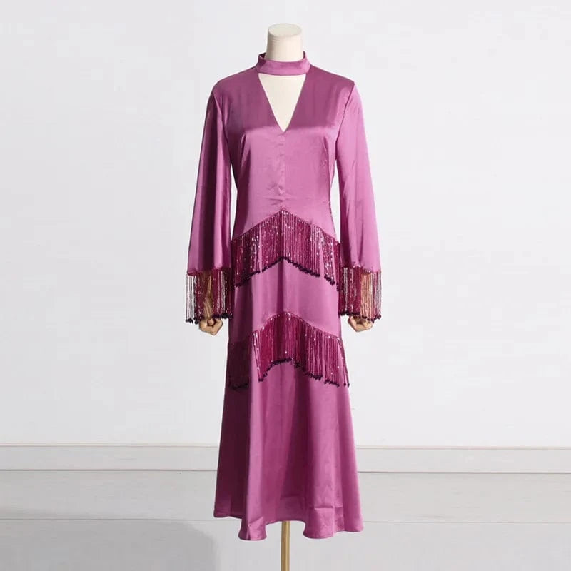 CHICEVER Patchwork Tassel Hollow Out Stand Collar Long Sleeve High Waist Long Sleeve Dresses Long Dress For Women