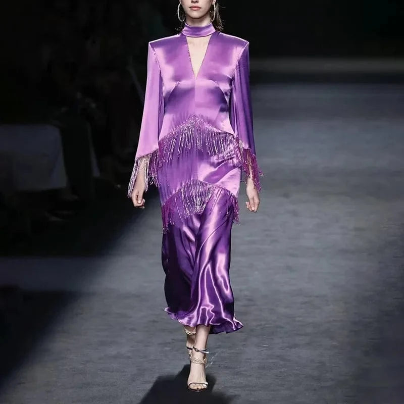 CHICEVER Patchwork Tassel Hollow Out Stand Collar Long Sleeve High Waist Long Sleeve Dresses Long Dress For Women