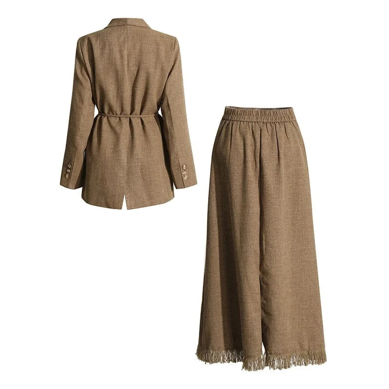 CHICEVER Patchwork Tassel Notched Collar Long Sleeve 2 Piece Sets Skirt And Top Set For Women