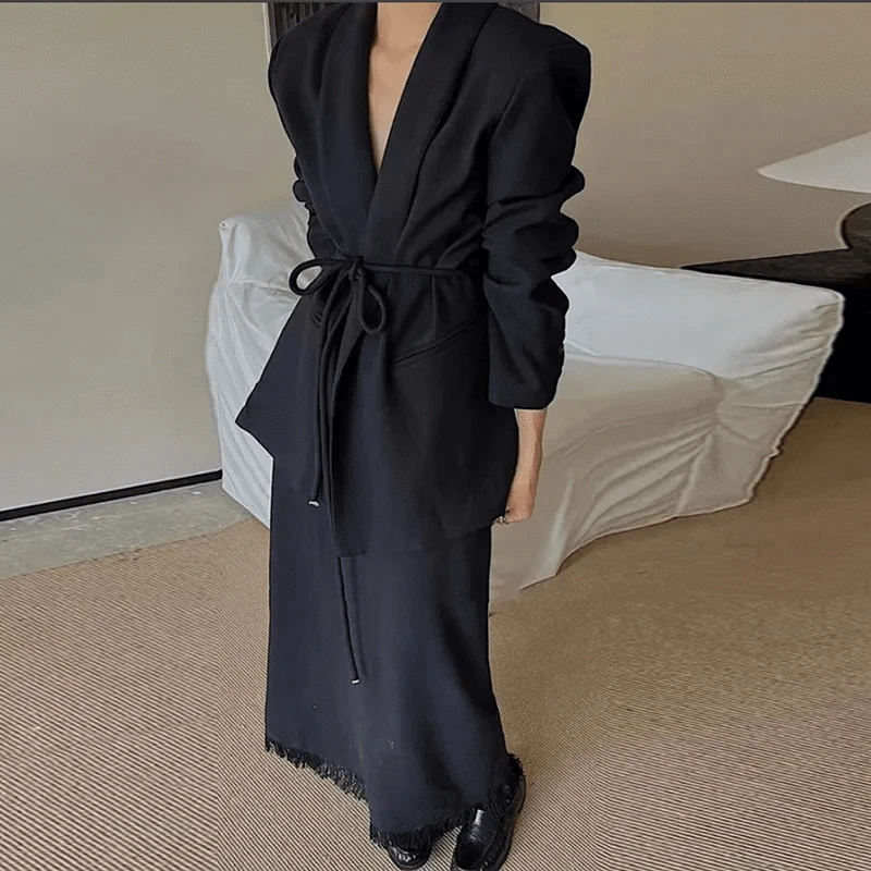 CHICEVER Patchwork Tassel Notched Collar Long Sleeve 2 Piece Sets Skirt And Top Set For Women