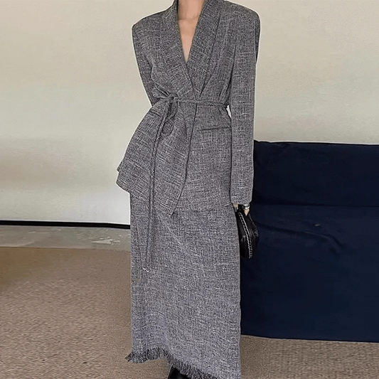 CHICEVER Patchwork Tassel Notched Collar Long Sleeve 2 Piece Sets Skirt And Top Set For Women