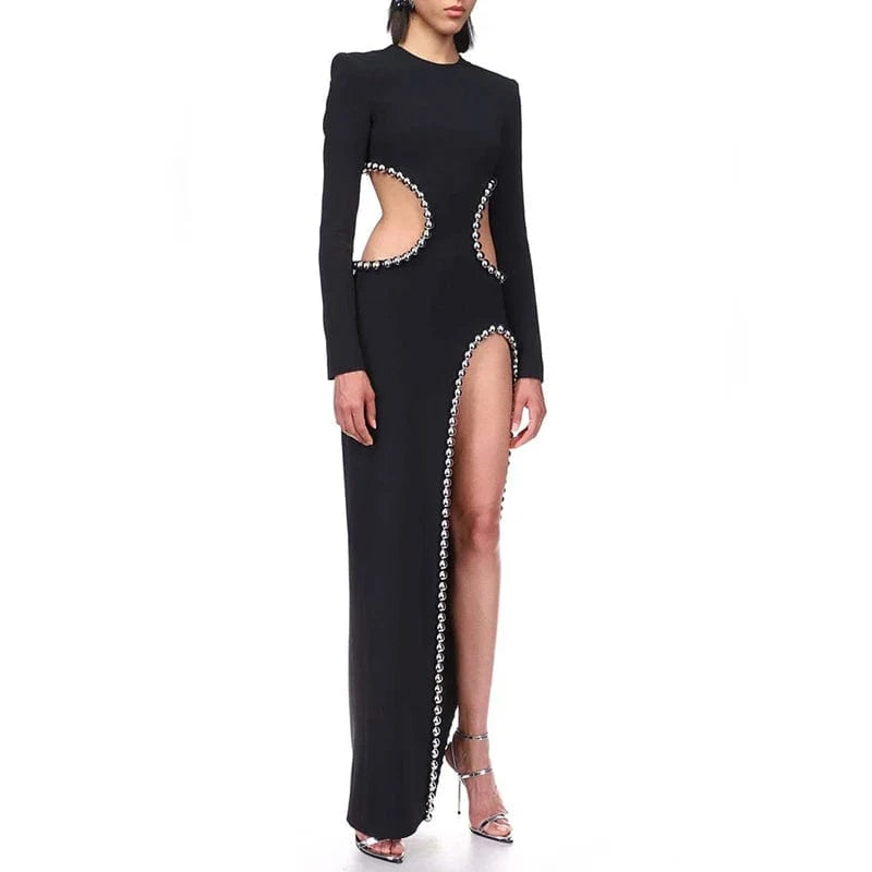 CHICEVER Round Neck Long Sleeve High Waist Split Elegant Women Black Long Dresses
